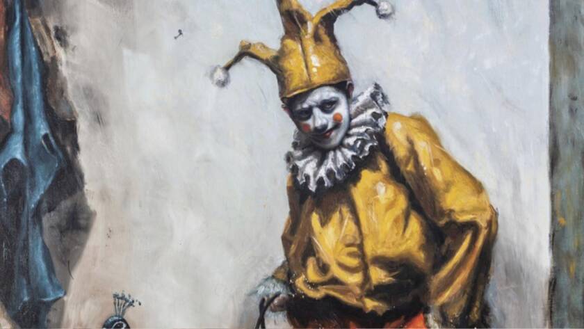 Der Harlekin führt die Kunst | Mike Büchel, 2026 | Öl auf Leinwand (Ausschnitt) – ZAUNERGROUP ART AWARD 2027