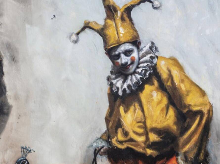 Der Harlekin führt die Kunst | Mike Büchel, 2026 | Öl auf Leinwand (Ausschnitt) – ZAUNERGROUP ART AWARD 2027